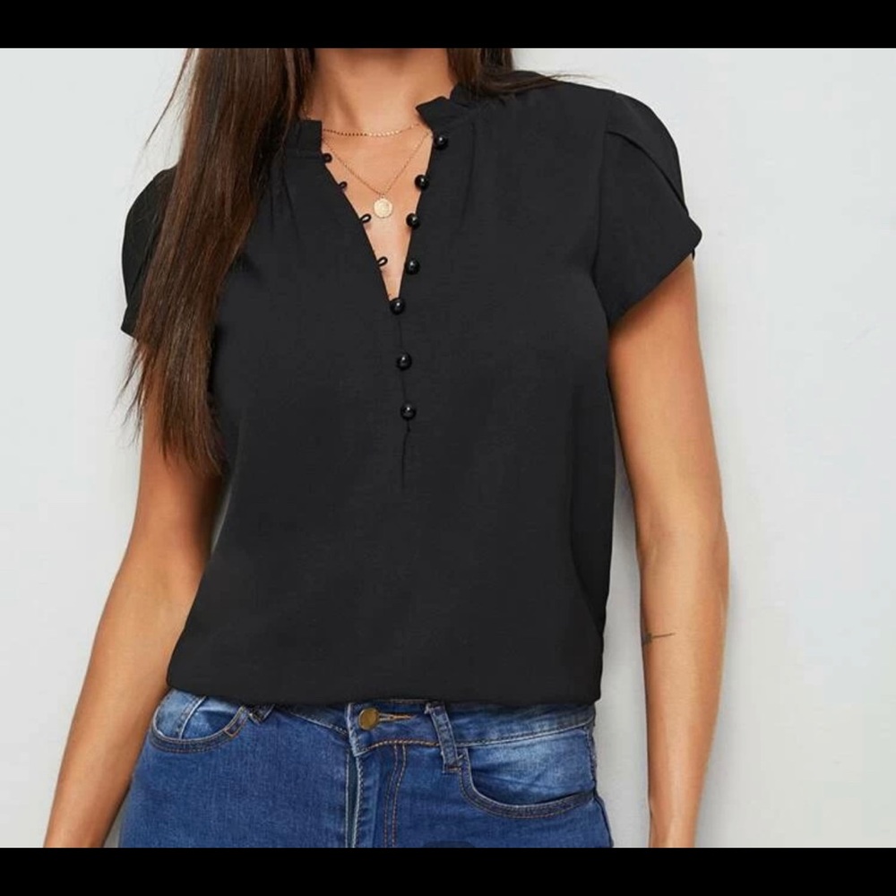 Button Front, Lettuce Frill Collar Blouse